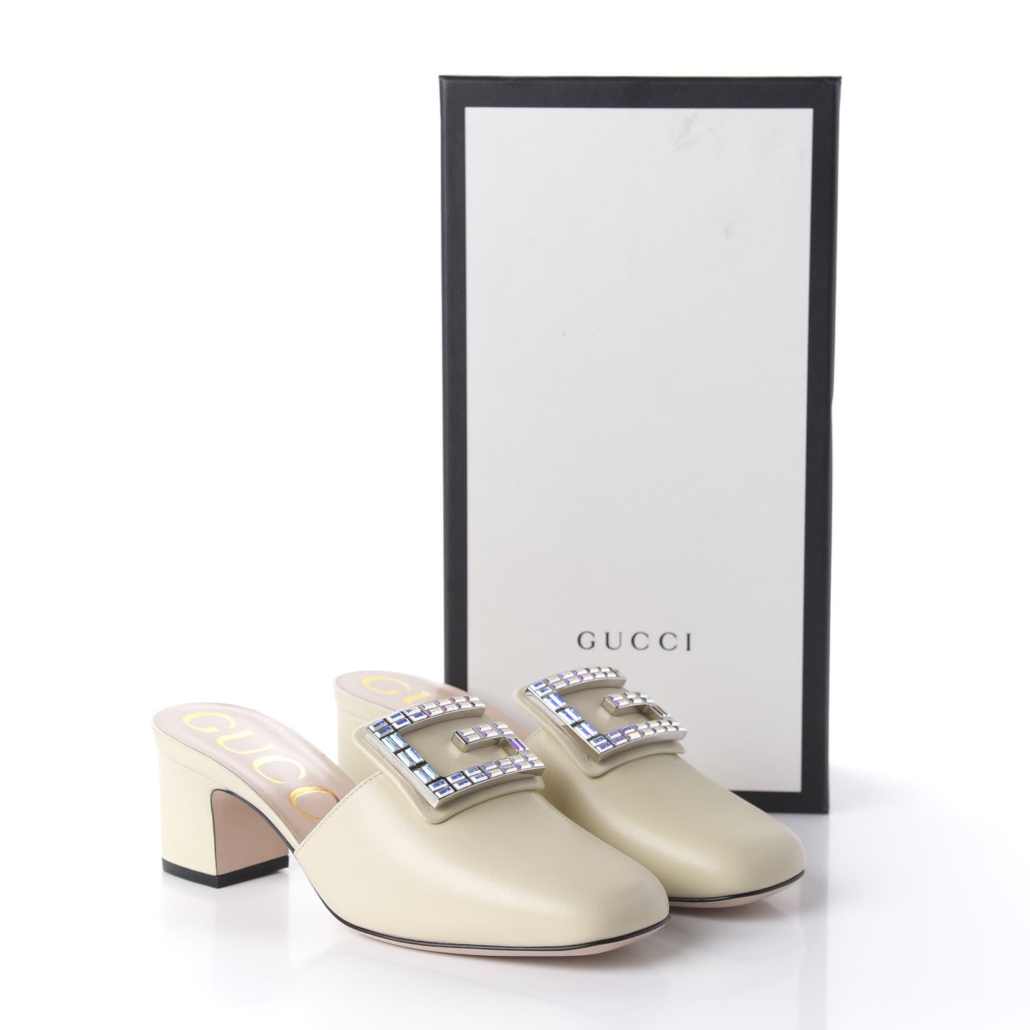 Gucci Malaga Kid Crystal Square G Madelyn Mules 37 Vintage White 9 of 9