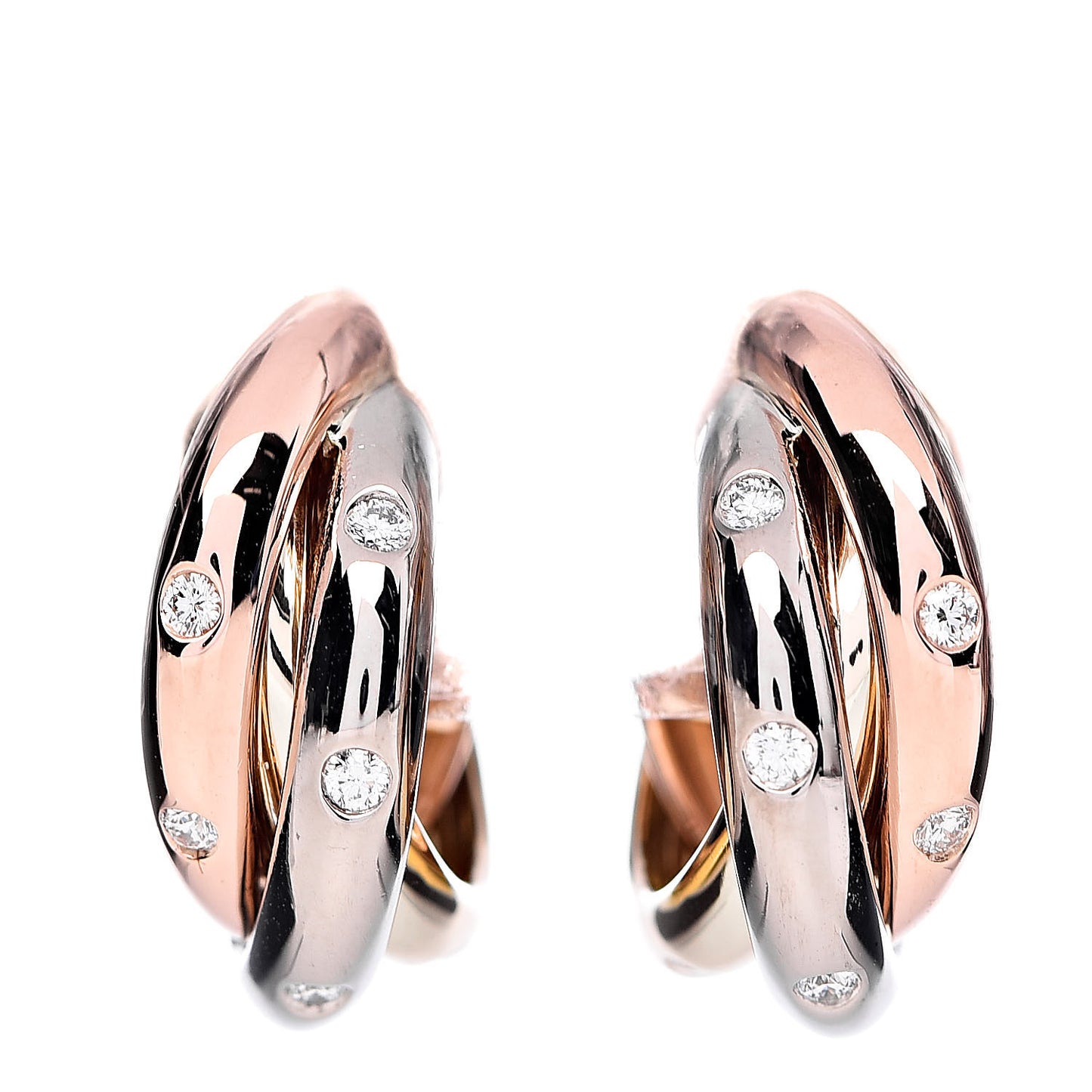 18K Pink Yellow White Gold Diamond Trinity Hoop Earrings