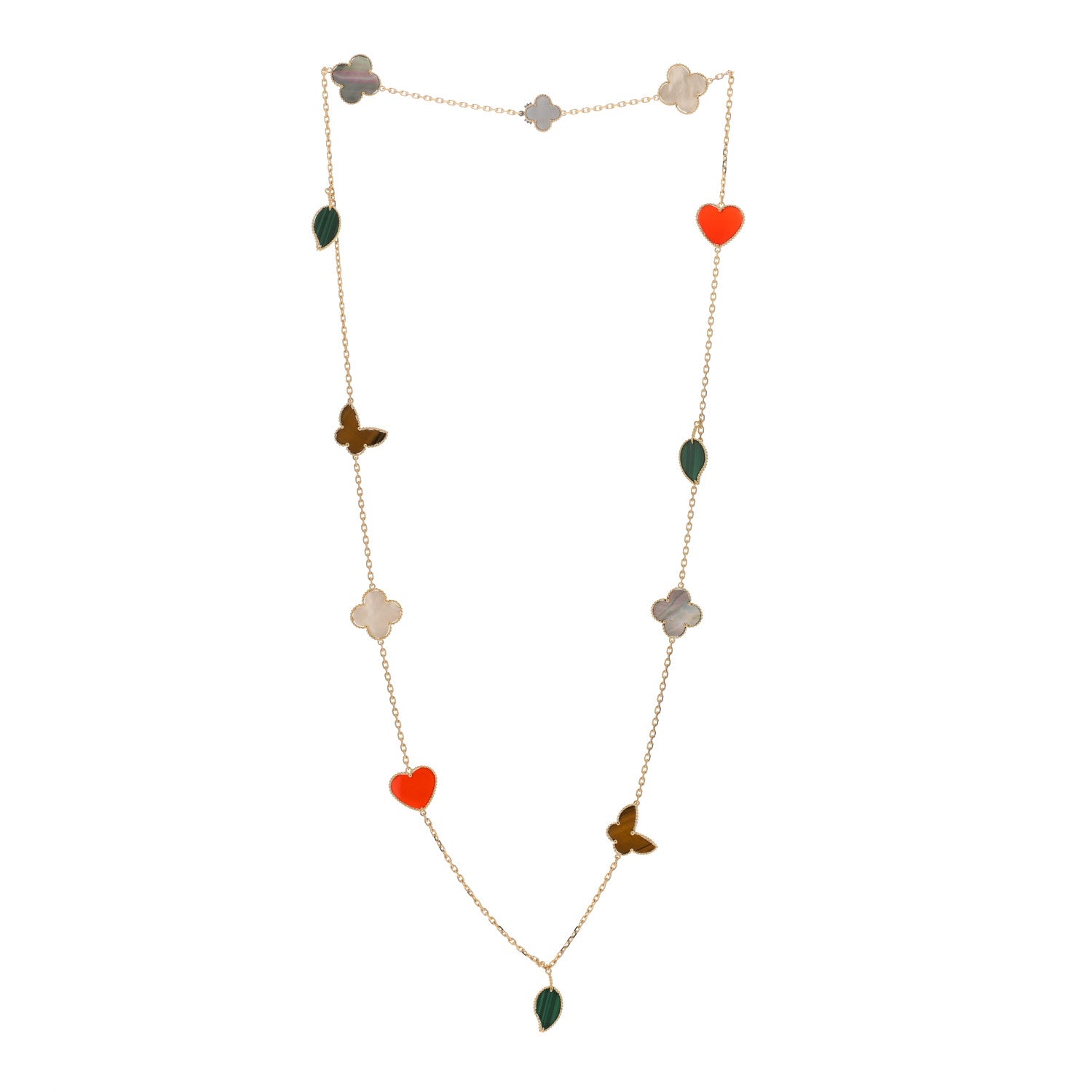 Van Cleef & Arpels 18K Yellow Gold Mother of Pearl Malachite Carnelian Tiger Eye 12 Motif Lucky Alhambra Necklace 2 of 5