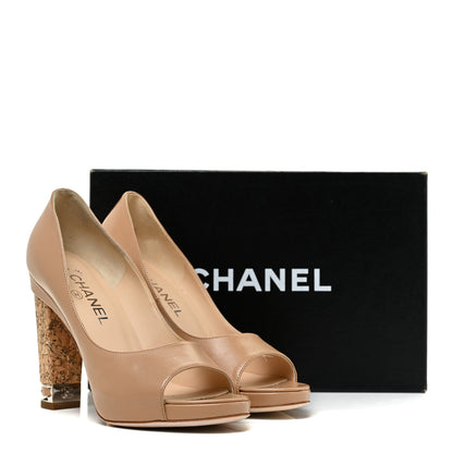 Chanel Lambskin Cork Chain CC Peep Toe Pumps 37 37.5 Beige 15 of 15