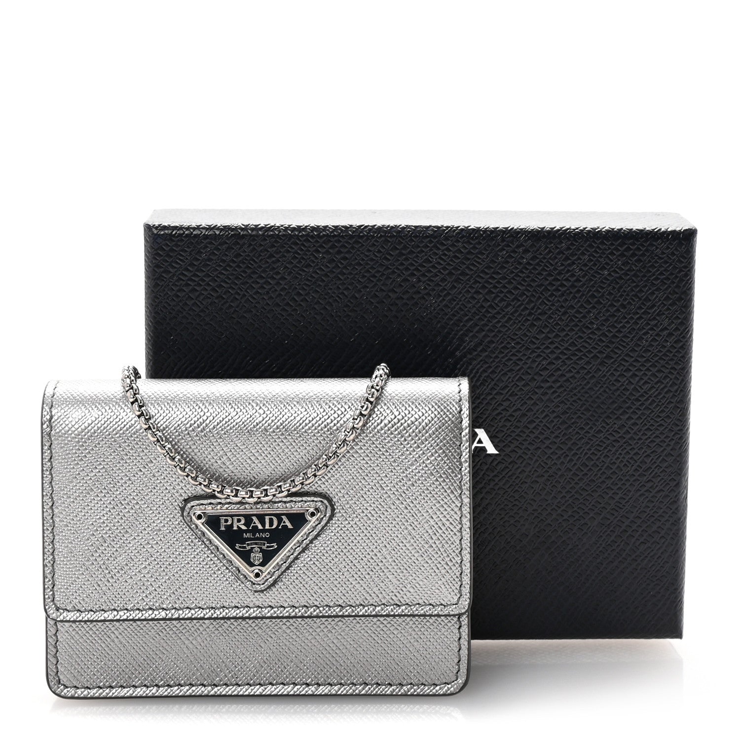 Prada Metallic Saffiano Triangle Accordion Card Case with Chain Cromo 10 of 10