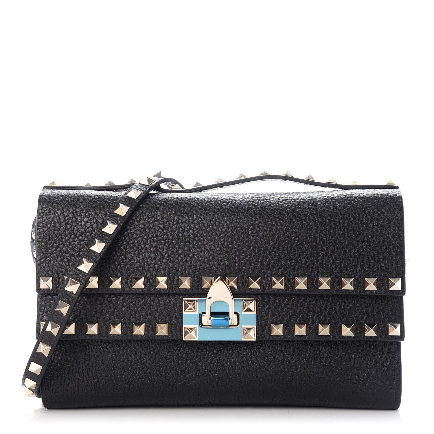 Valentino Garavani Grainy Calfskin Rockstud Double Flap Crossbody Bag Black 1 of 8