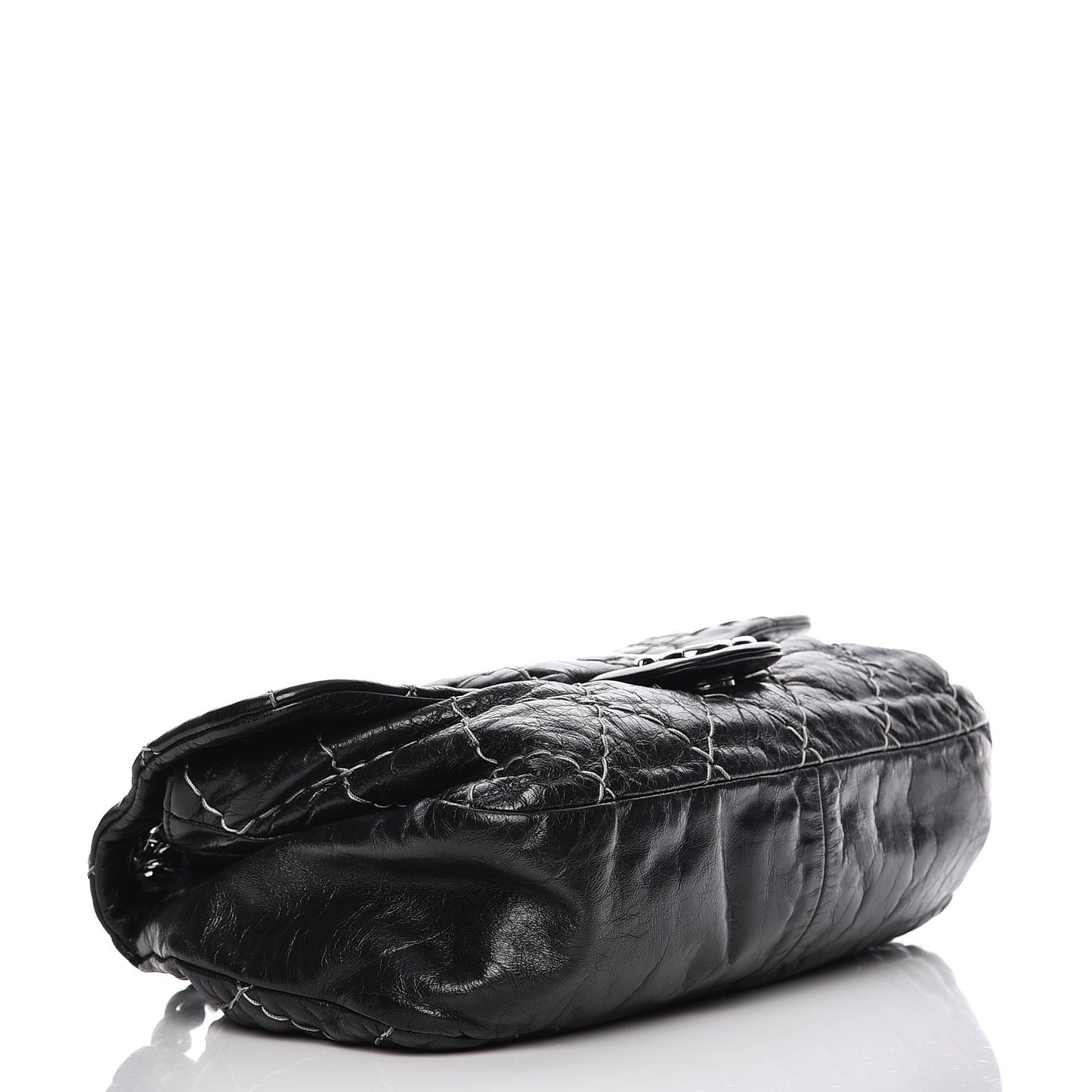 Glazed Goatskin Double Stitch Flap Black