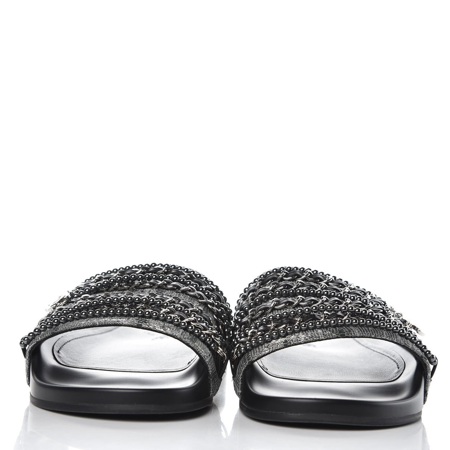 Fantasy Lambskin Pearl Chain CC Flat Mules 40 Silver Black
