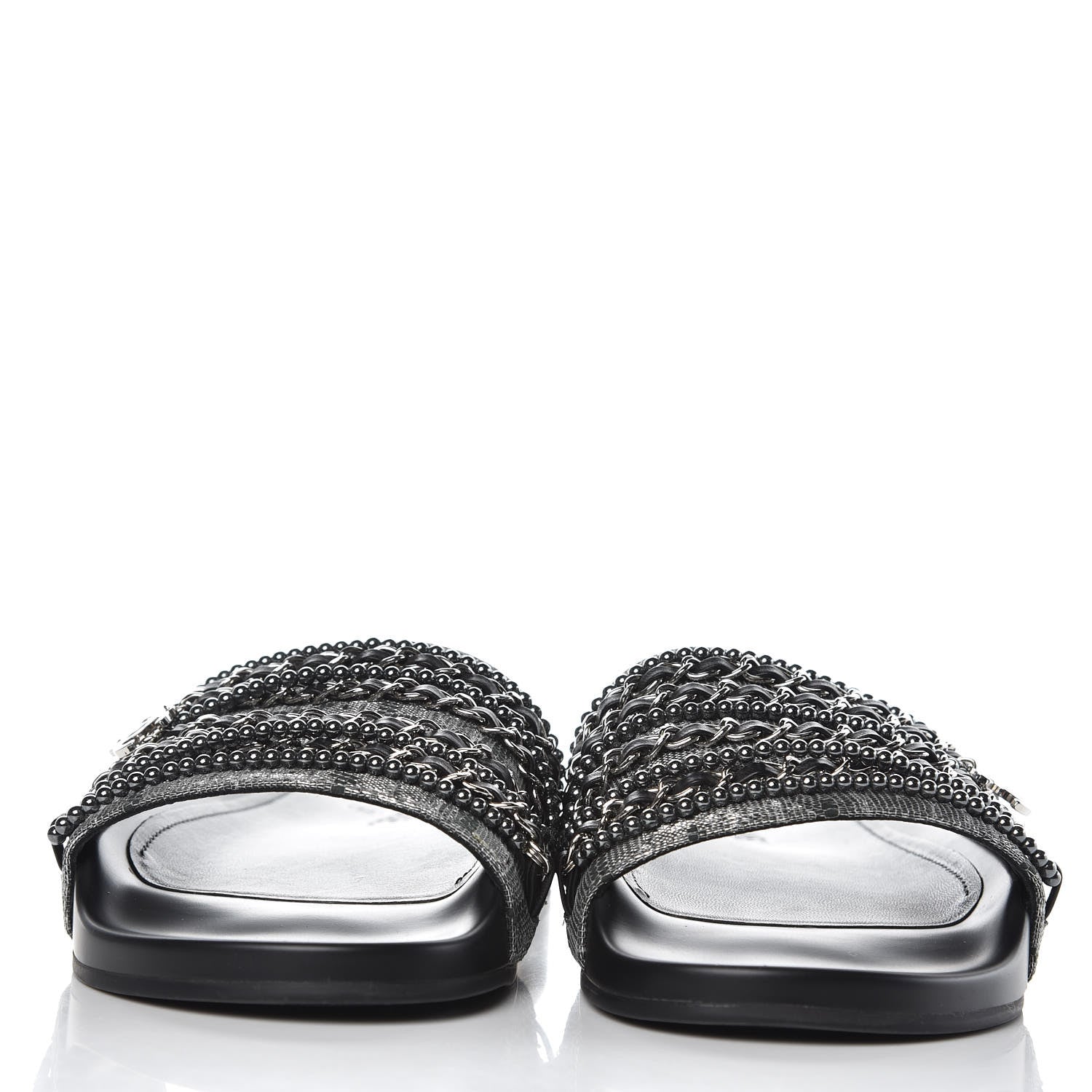 Chanel Fantasy Lambskin Pearl Chain CC Flat Mules 40 Silver Black 2 of 10