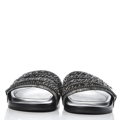 Chanel Fantasy Lambskin Pearl Chain CC Flat Mules 40 Silver Black 2 of 10