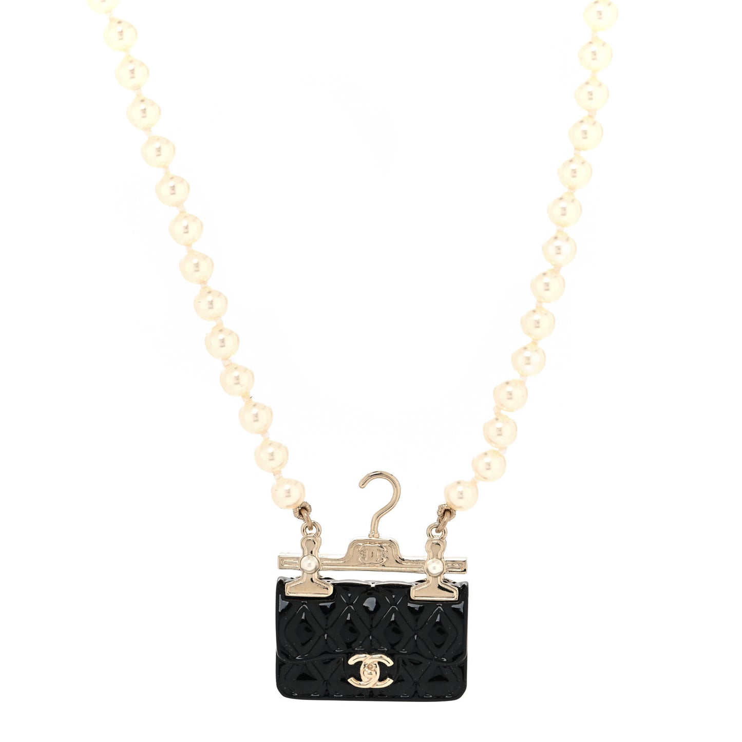 Pearl Metal Resin Quilted Flap Bag Necklace Gold Black Pearly White