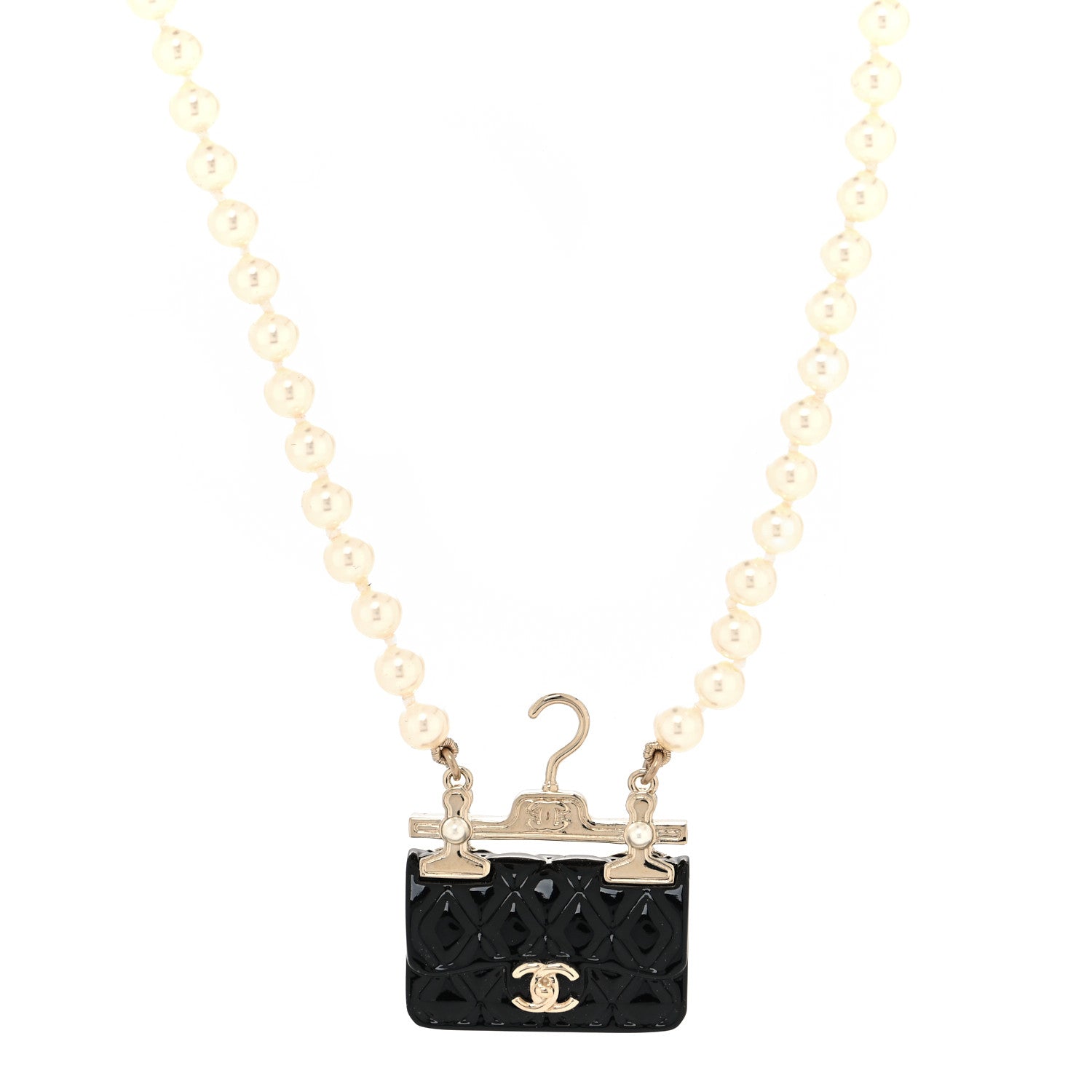 Chanel Pearl Metal Resin Quilted Flap Bag Necklace Gold Black Pearly White 2 of 5