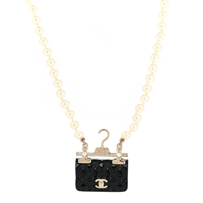 Chanel Pearl Metal Resin Quilted Flap Bag Necklace Gold Black Pearly White 2 of 5