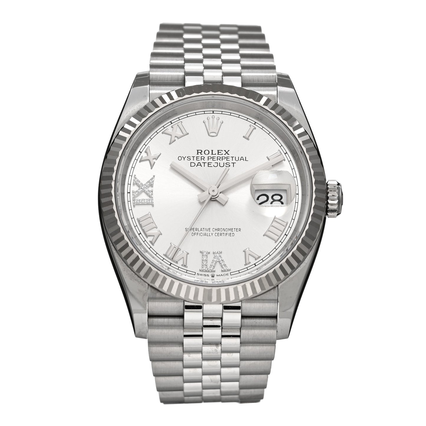 Stainless Steel 18K White Gold Diamond 36mm Oyster Perpetual Datejust Watch Silver Roman 126234