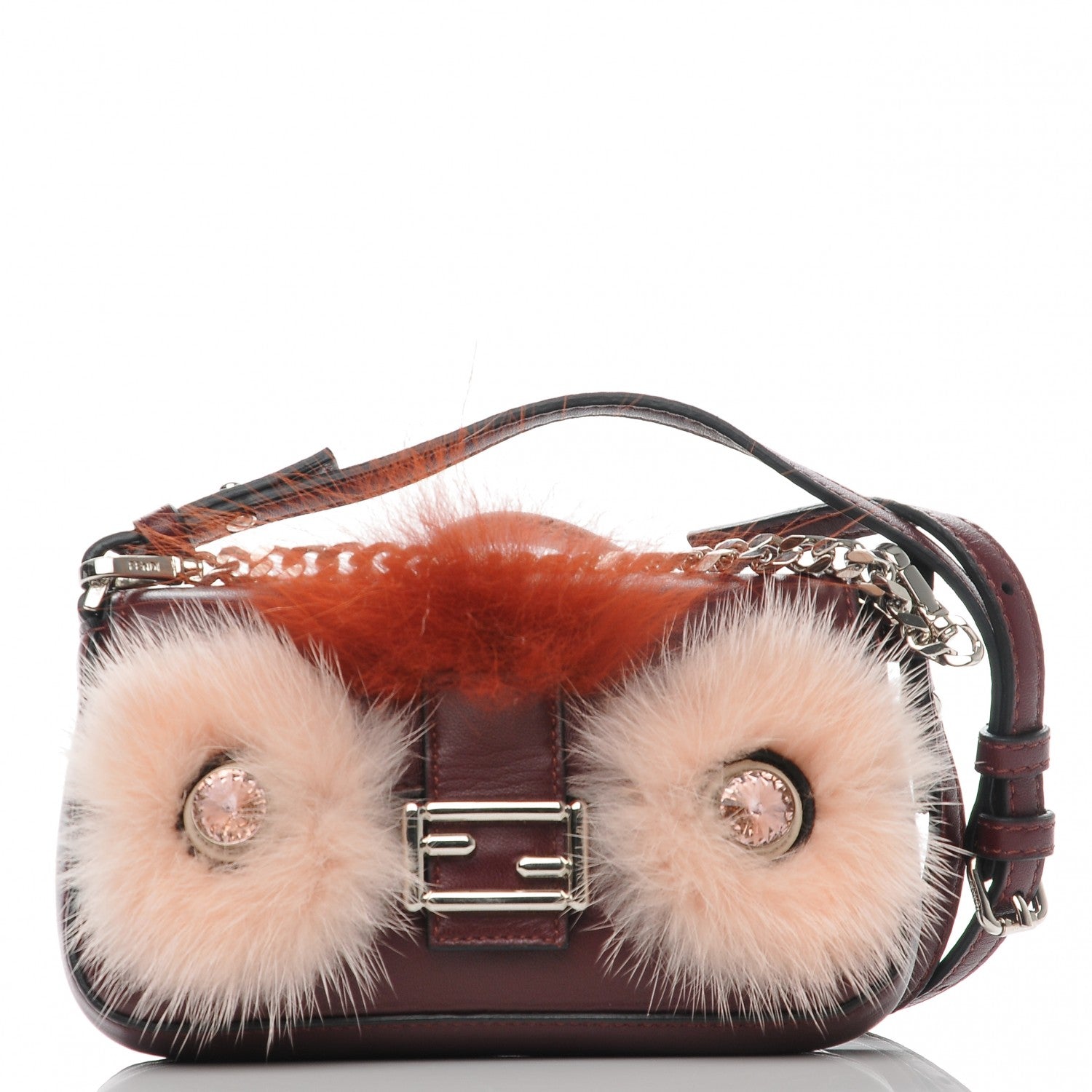 Fendi Shiny Nappa Mink Fox Fur Crystal Micro Buggie Baguette Bordeaux Rust Multicolor 1 of 8