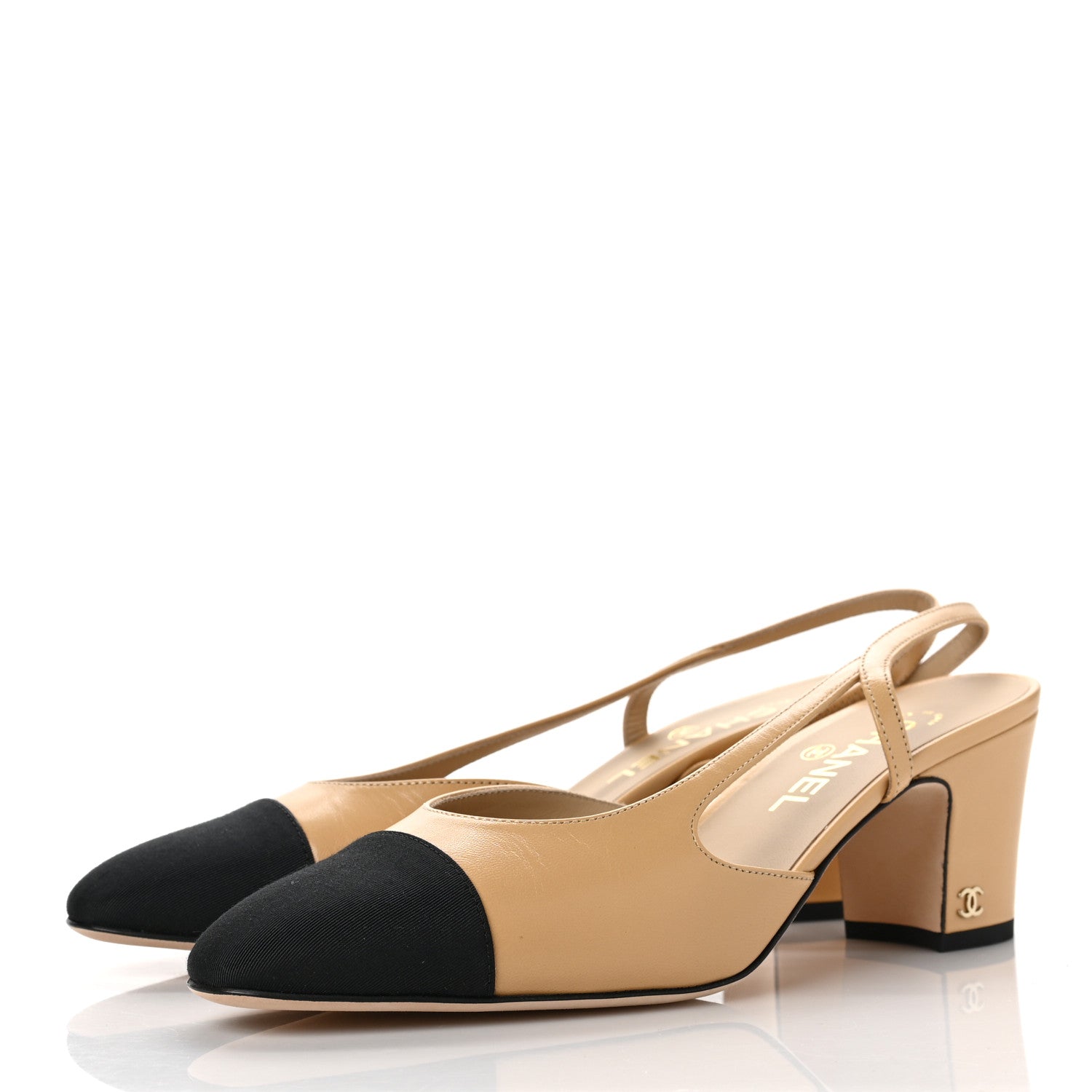 Chanel Goatskin Grosgrain Cap Toe CC Slingback Pumps 40 Beige Black 3 of 7