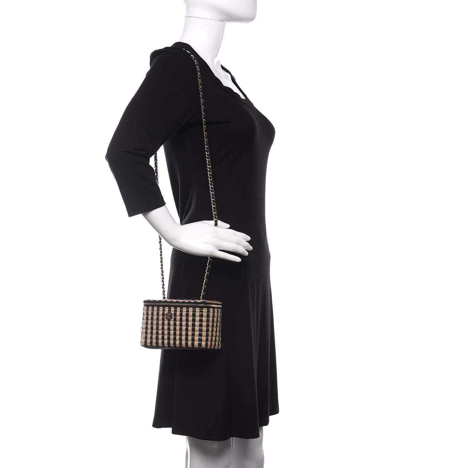 Chanel Raffia Jute Striped Small Vanity Case With Chain Black Beige 2 of 11