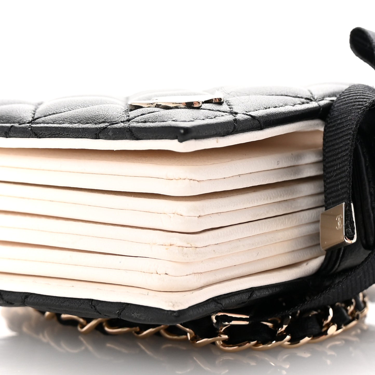 Lambskin Quilted Book Card Holder on Chain Black