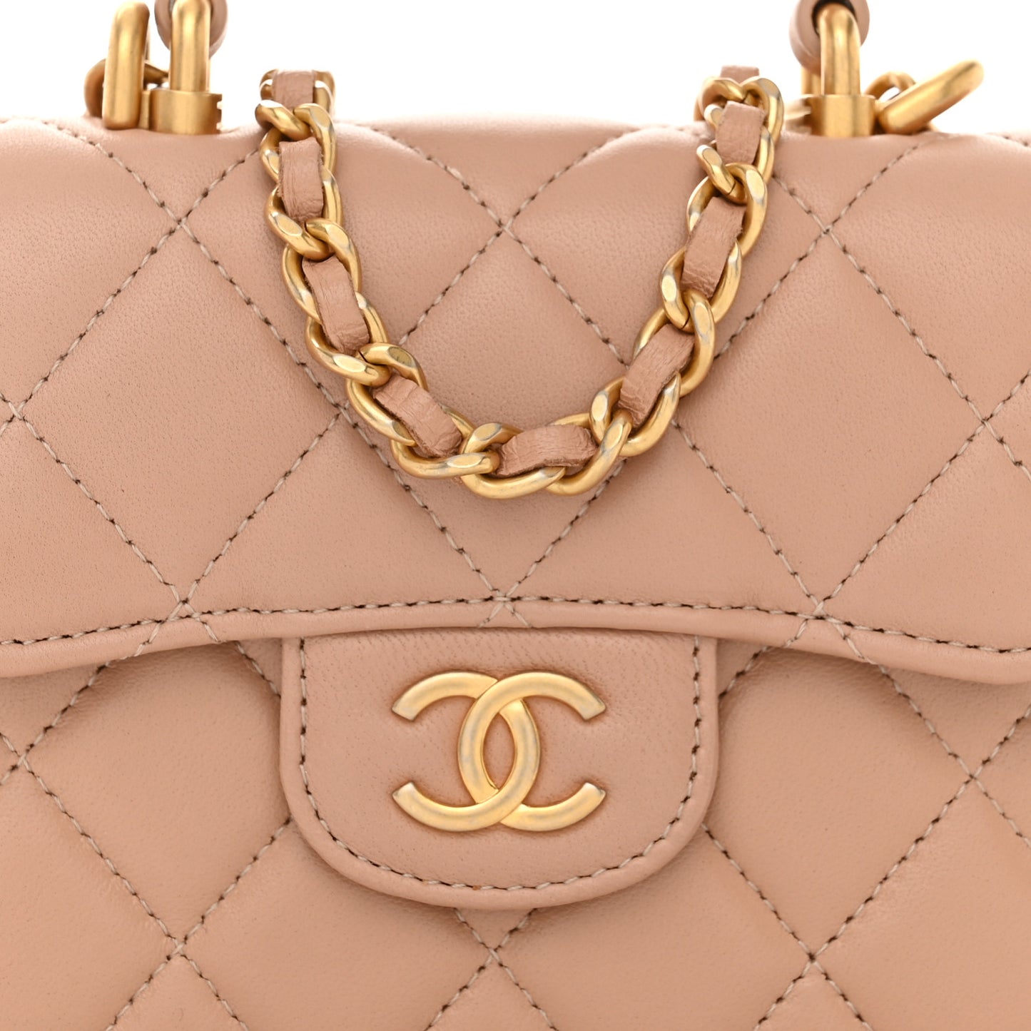 Lambskin Quilted Top Handle Flap Coin Purse With Chain Beige