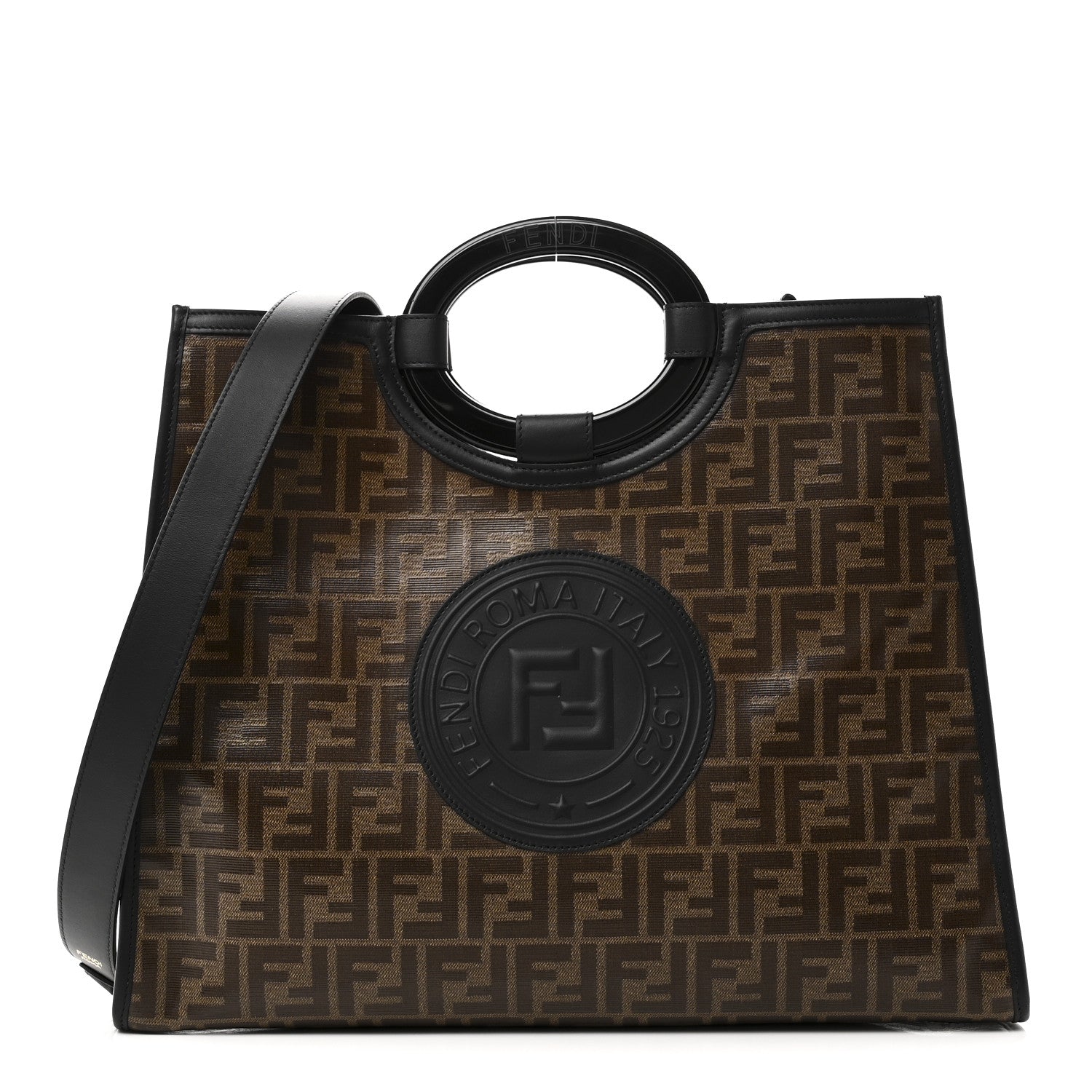 Fendi Glazed Fabric Vitello Century Plexiglass FF 1974 Stamp Patch Medium Runaway Shopper Tote Mogano Panna Black 1 of 10
