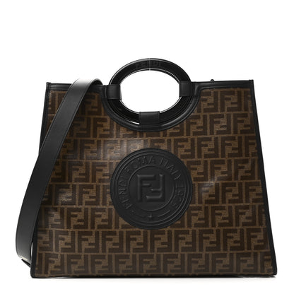 Fendi Glazed Fabric Vitello Century Plexiglass FF 1974 Stamp Patch Medium Runaway Shopper Tote Mogano Panna Black 1 of 10