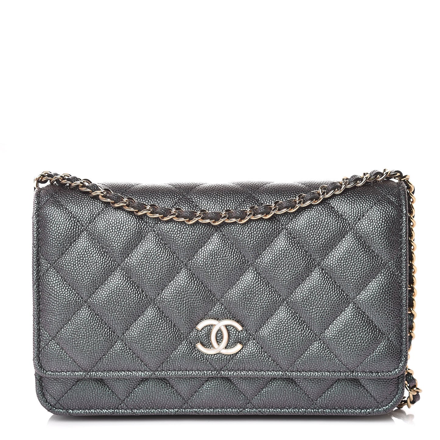 Iridescent Caviar Quilted Wallet On Chain WOC Black
