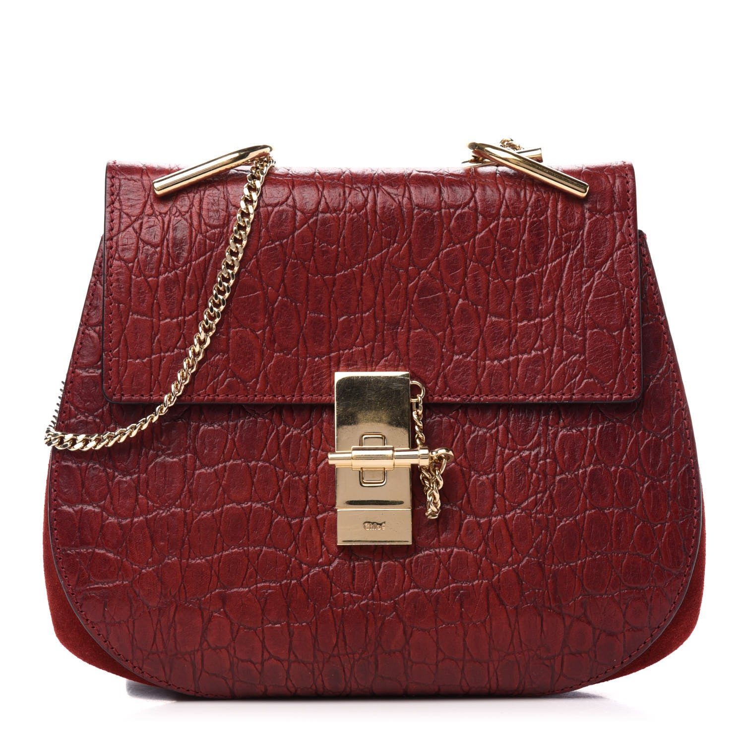 Chloe Calfskin Crocodile Embossed Drew Shoulder Bag Sienna Red 1 of 10