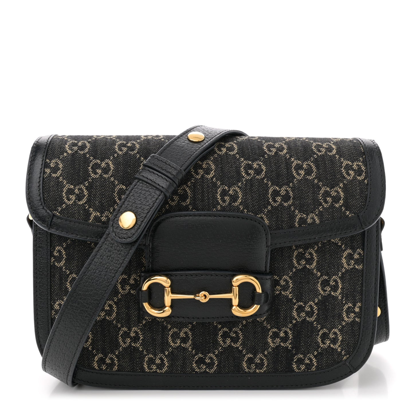 Jacquard Black Denim GG Monogram Textured Dollar Calfskin Horsebit 1955 Shoulder Bag Black Ivory