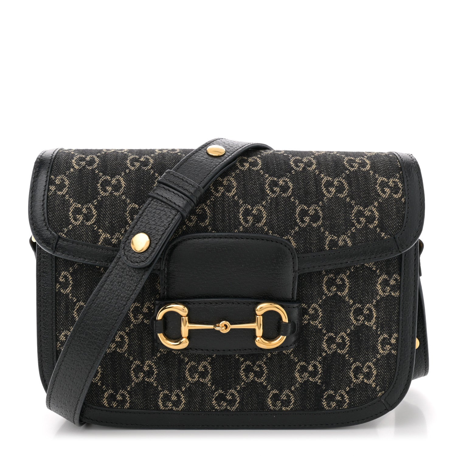 Gucci Jacquard Black Denim GG Monogram Textured Dollar Calfskin Horsebit 1955 Shoulder Bag Black Ivory 1 of 12