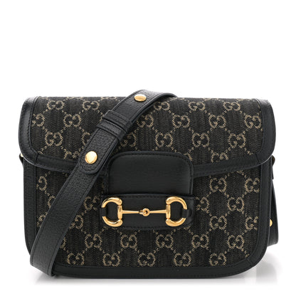 Gucci Jacquard Black Denim GG Monogram Textured Dollar Calfskin Horsebit 1955 Shoulder Bag Black Ivory 1 of 12