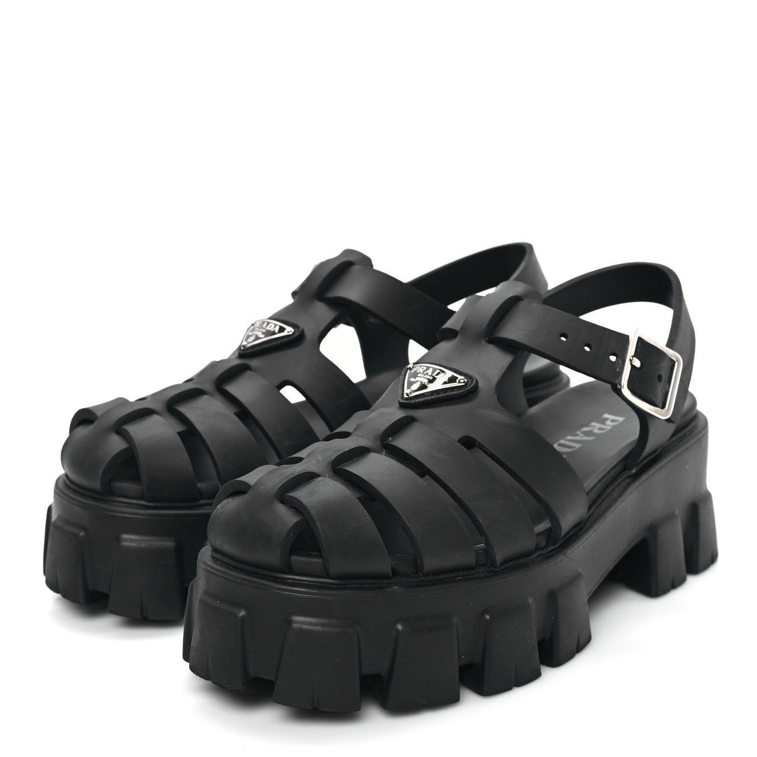 Prada Foam Rubber Triangle Logo Monolith 55mm Cage Sandals 37 Black 3 of 7