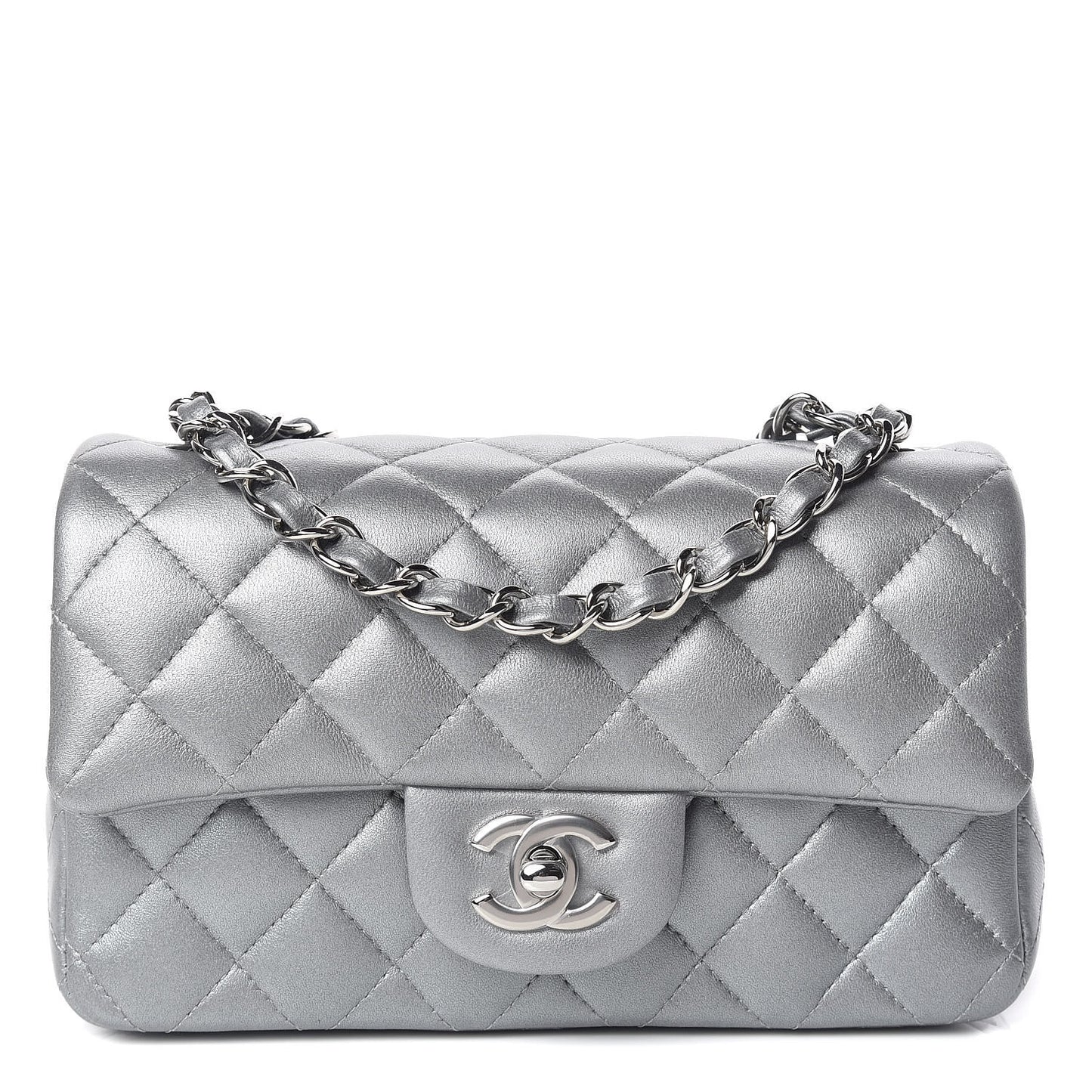 Metallic Lambskin Quilted Mini Rectangular Flap Silver