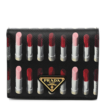 Prada Saffiano Lipstick Print Bi-Fold Wallet Black 1 of 7
