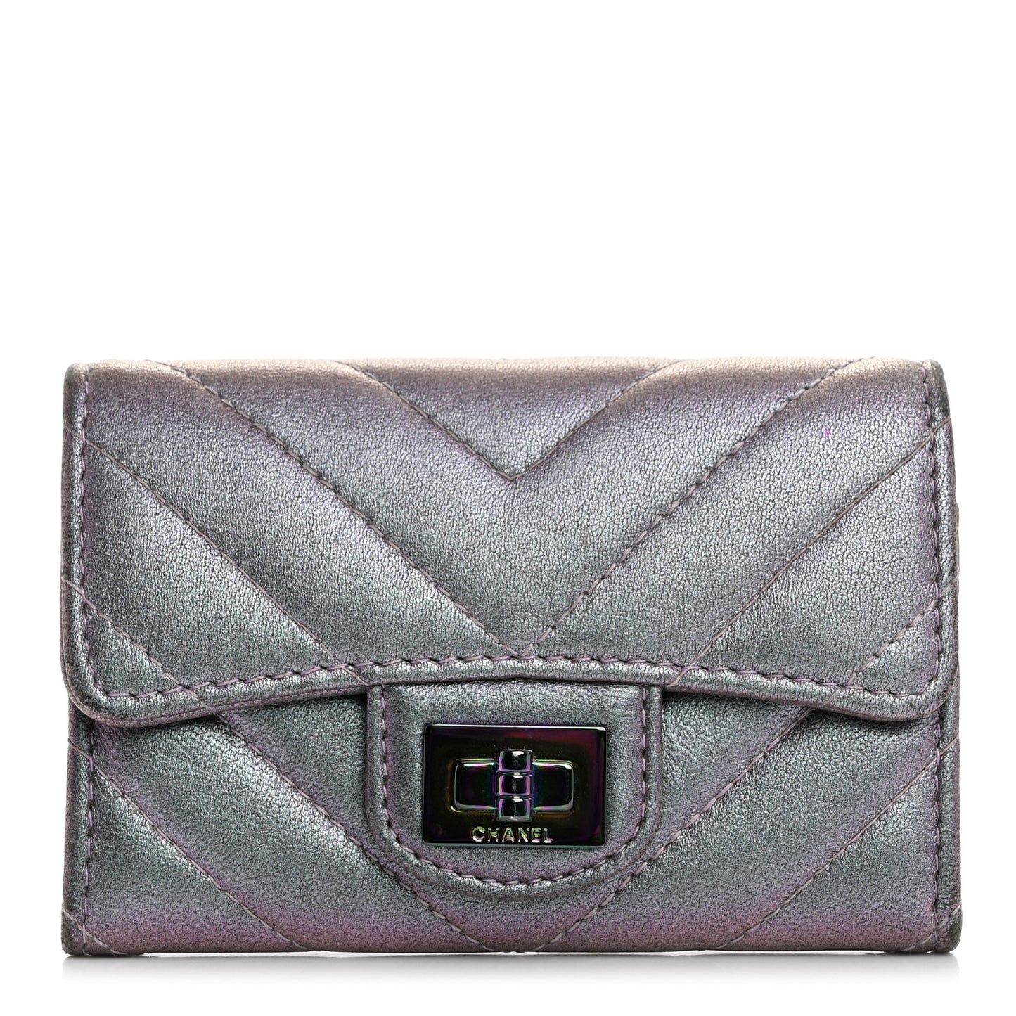 Iridescent Lambskin Chevron Quilted Reissue Card Holder Light Purple