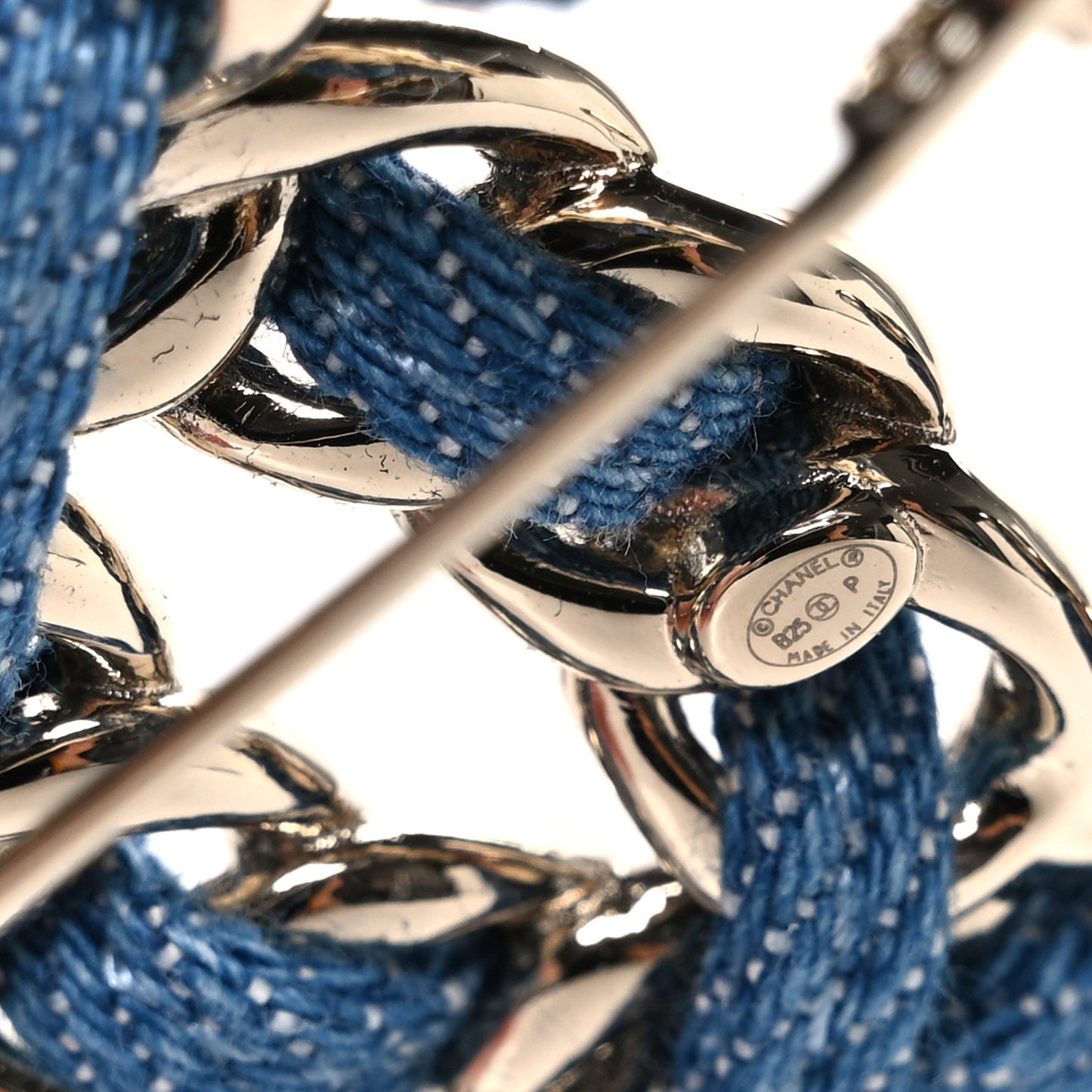 Metal Denim Braided CC Brooch Blue Gold