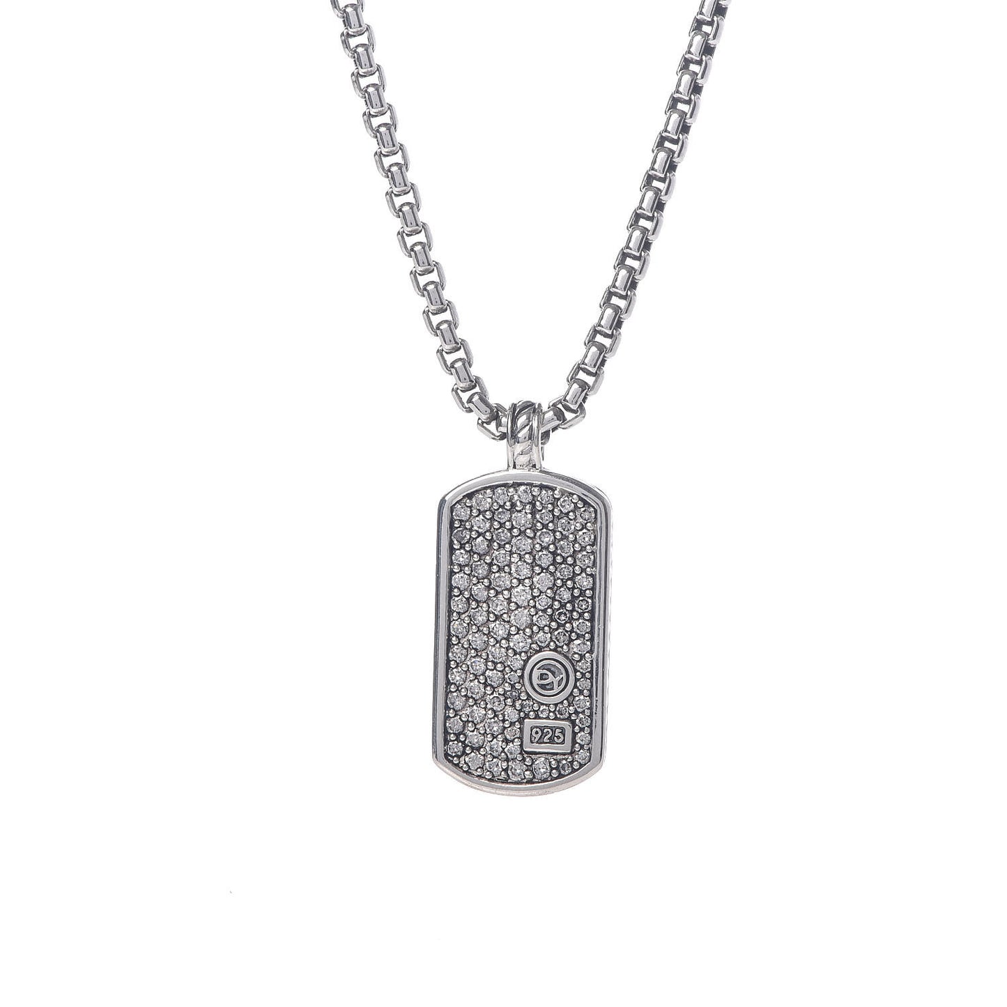 Sterling Silver Pave Diamond Small Dog Tag Pendant Necklace