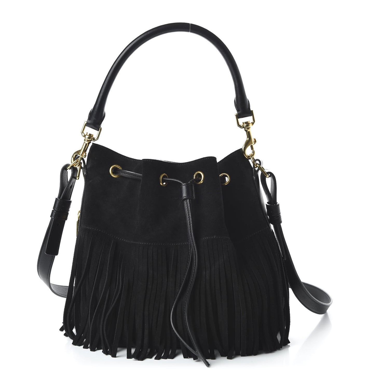 Suede Calfskin Small Emmanuelle Fringe Bucket Bag Black
