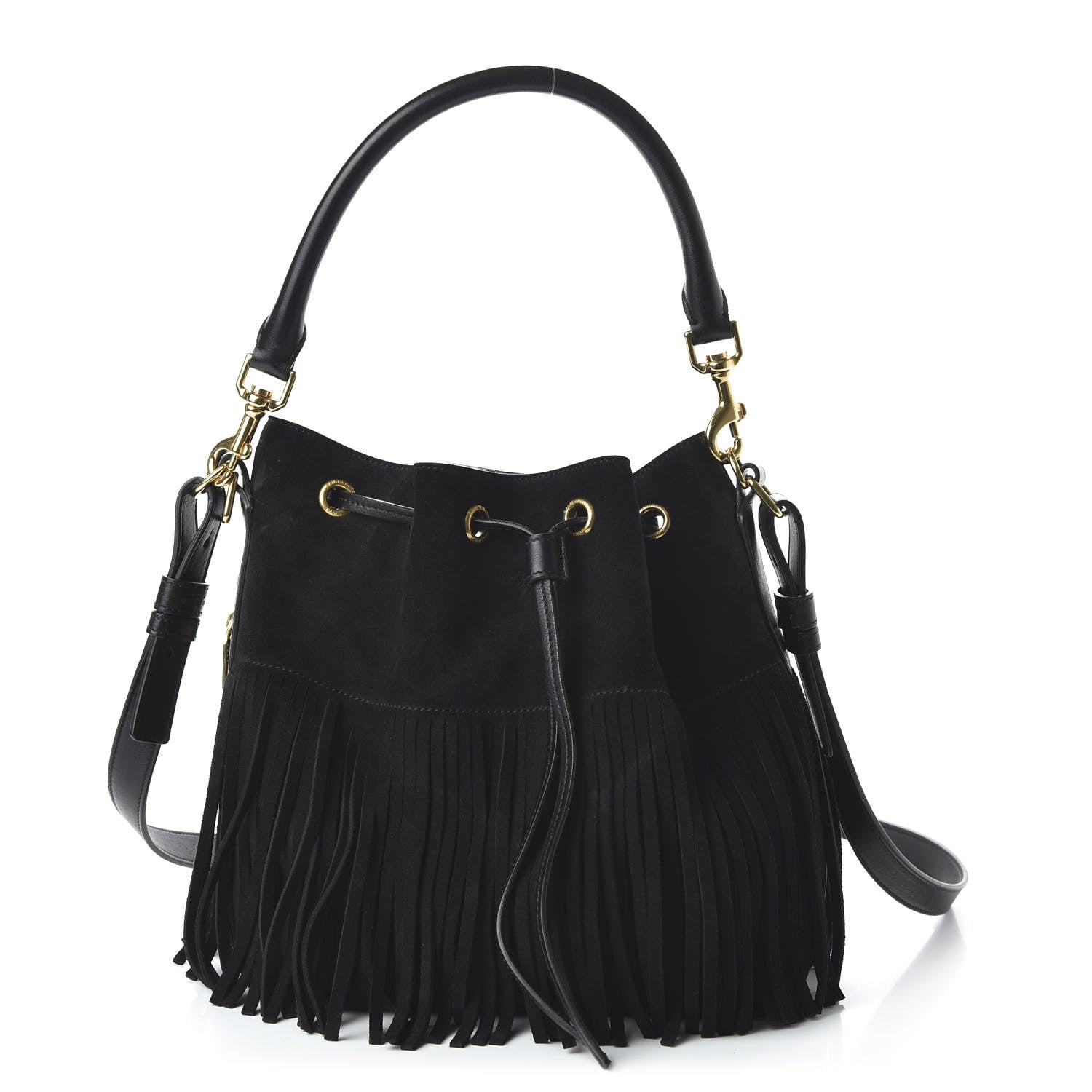 Saint Laurent Suede Calfskin Small Emmanuelle Fringe Bucket Bag Black 1 of 10