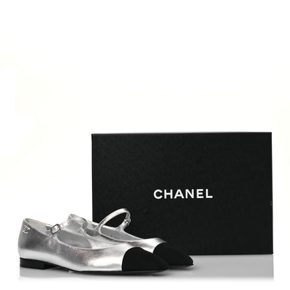 Chanel Laminated Calfskin Grosgrain Mary Janes Flats 37 Silver Black 12 of 12