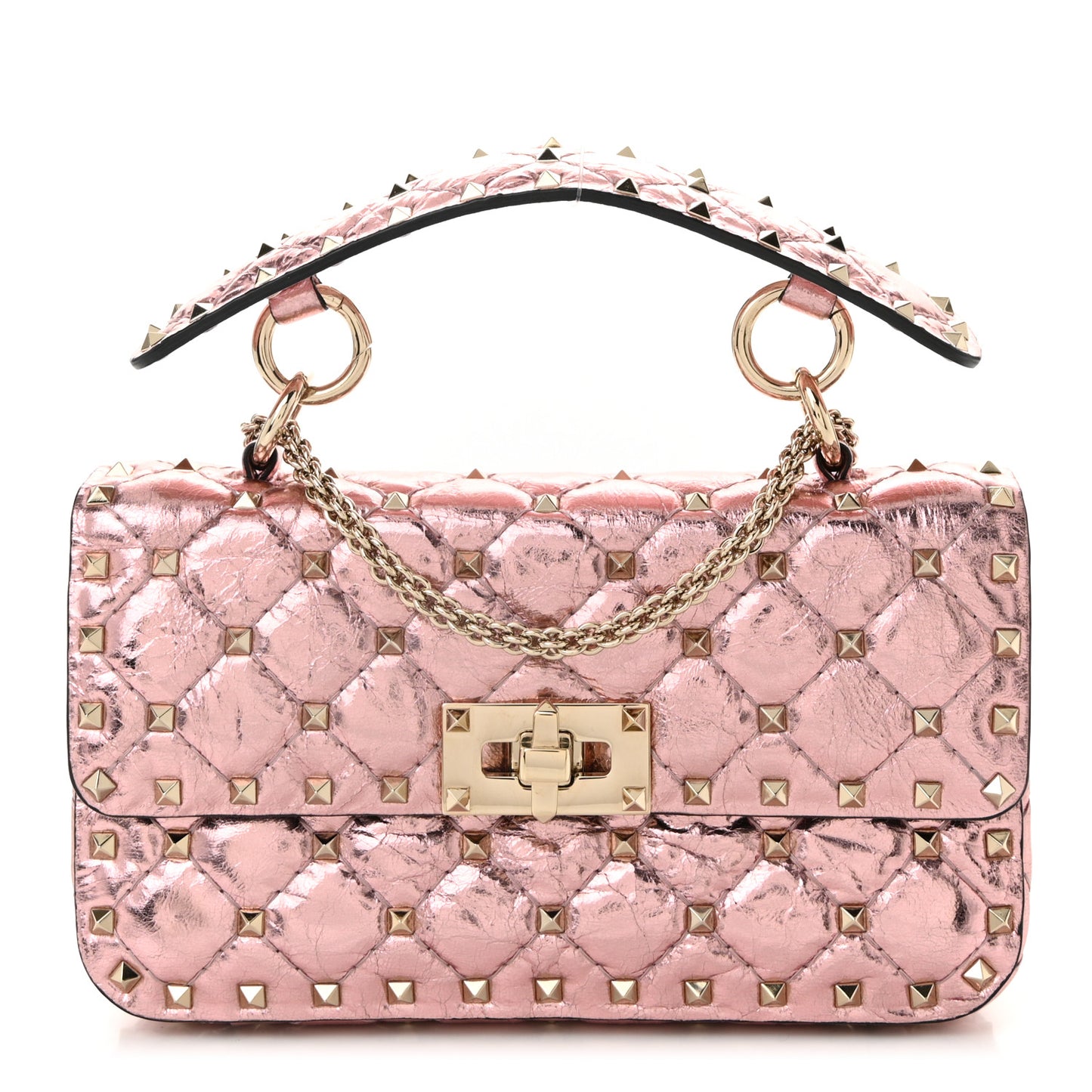 Metallic Wrinkled Lambskin Small Rockstud Spike Shoulder Bag Lipstick