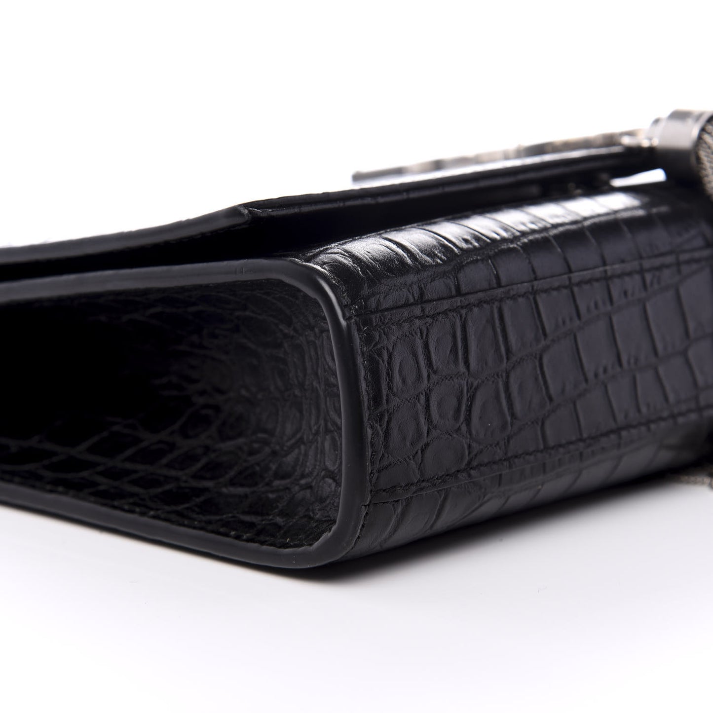 Calfskin Crocodile Embossed Medium Classic Monogram Kate Tassel Satchel Black