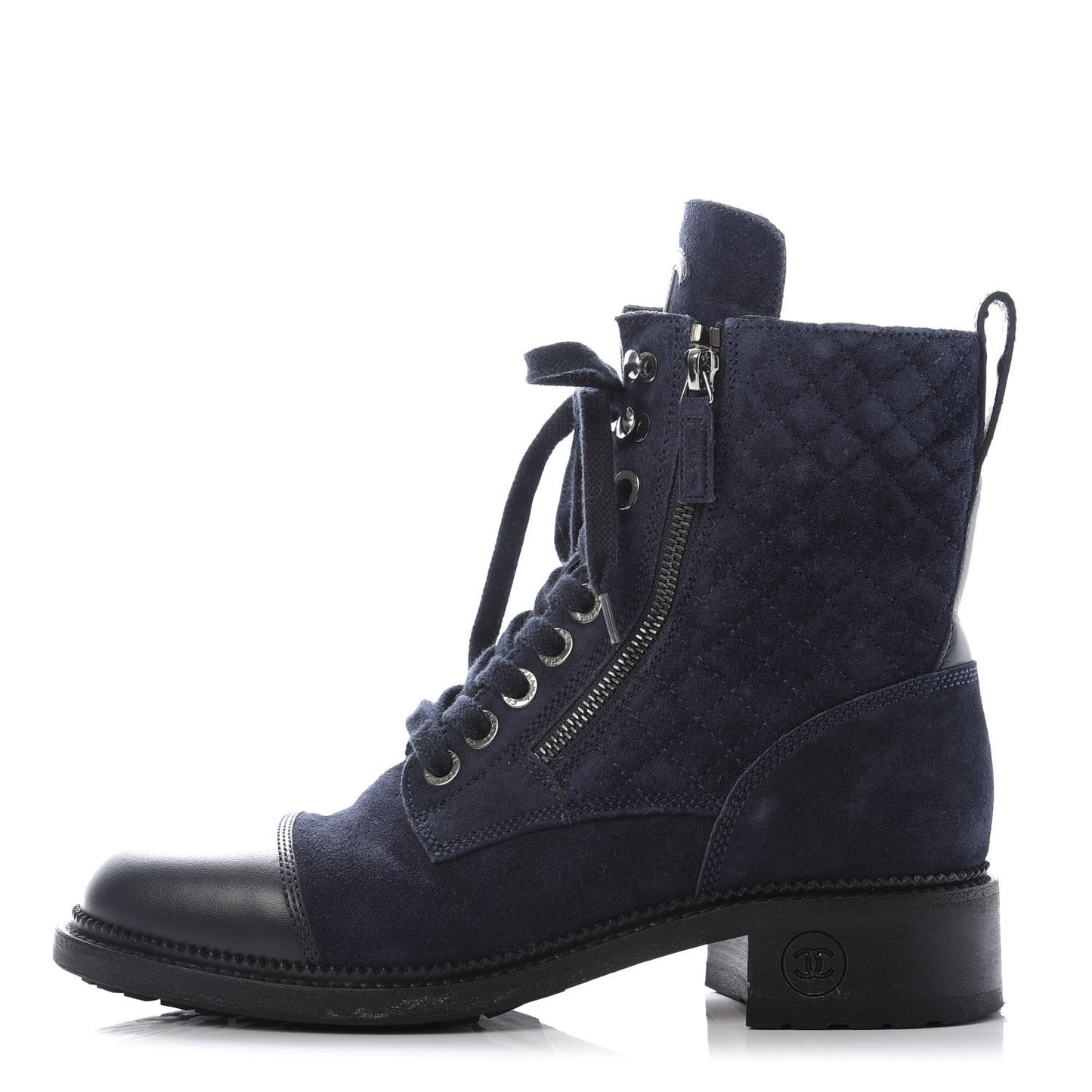 Suede Quilted CC Lace Up Combat Boots 39.5 Navy Black