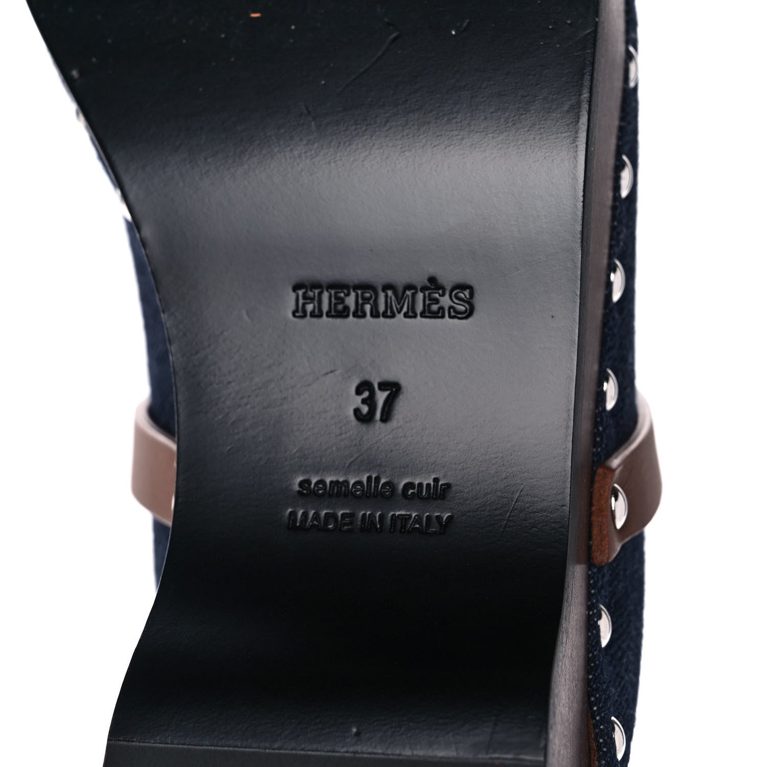 Hermes Denim Carlotta Mules 37 Bleu Brut Gold 6 of 8