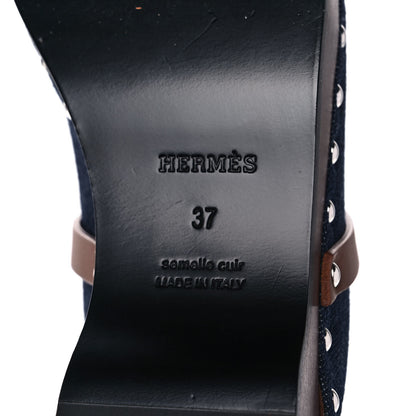 Hermes Denim Carlotta Mules 37 Bleu Brut Gold 6 of 8