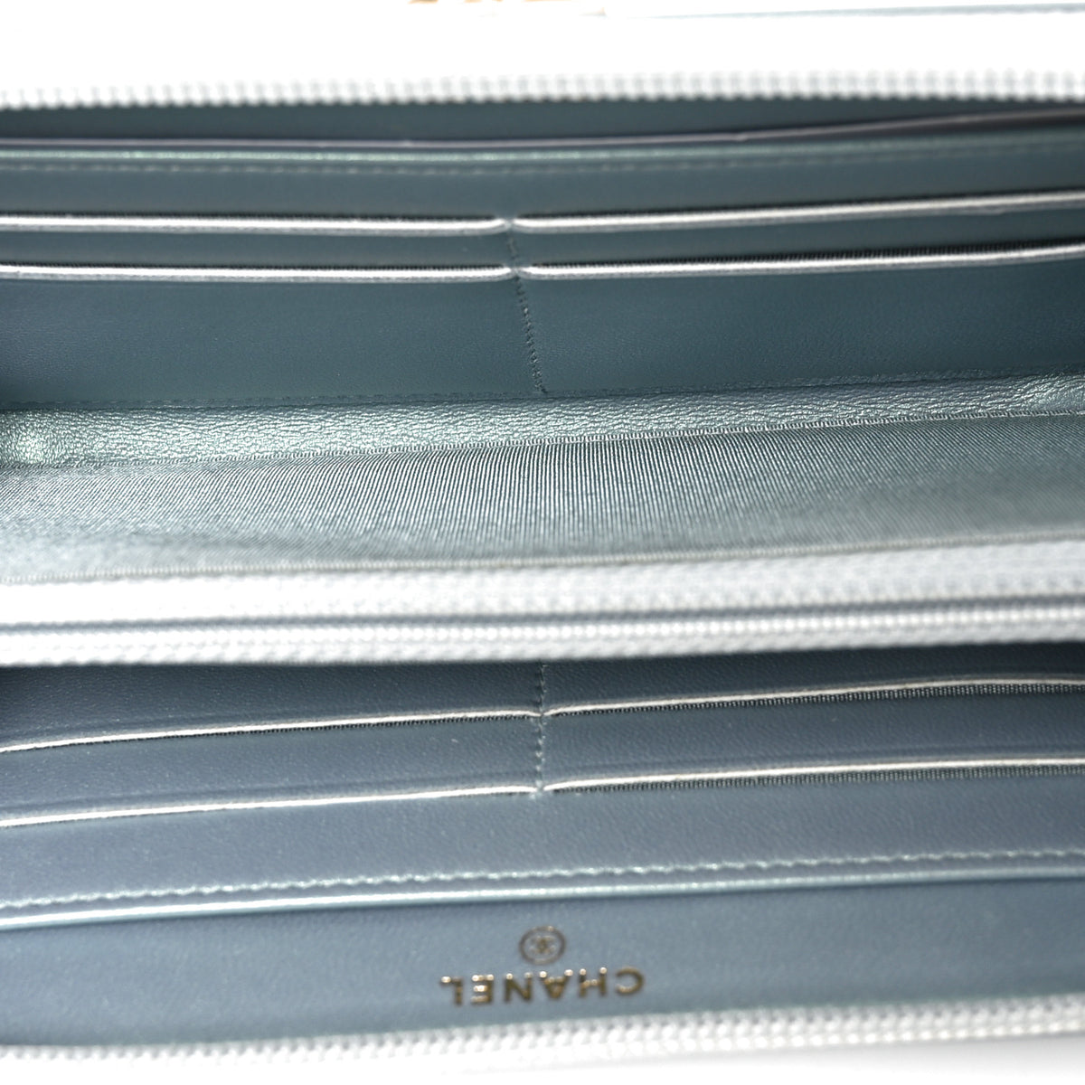 Chanel Metallic Patent Quilted Boy Zip Around Wallet Light Blue 5 of 9
