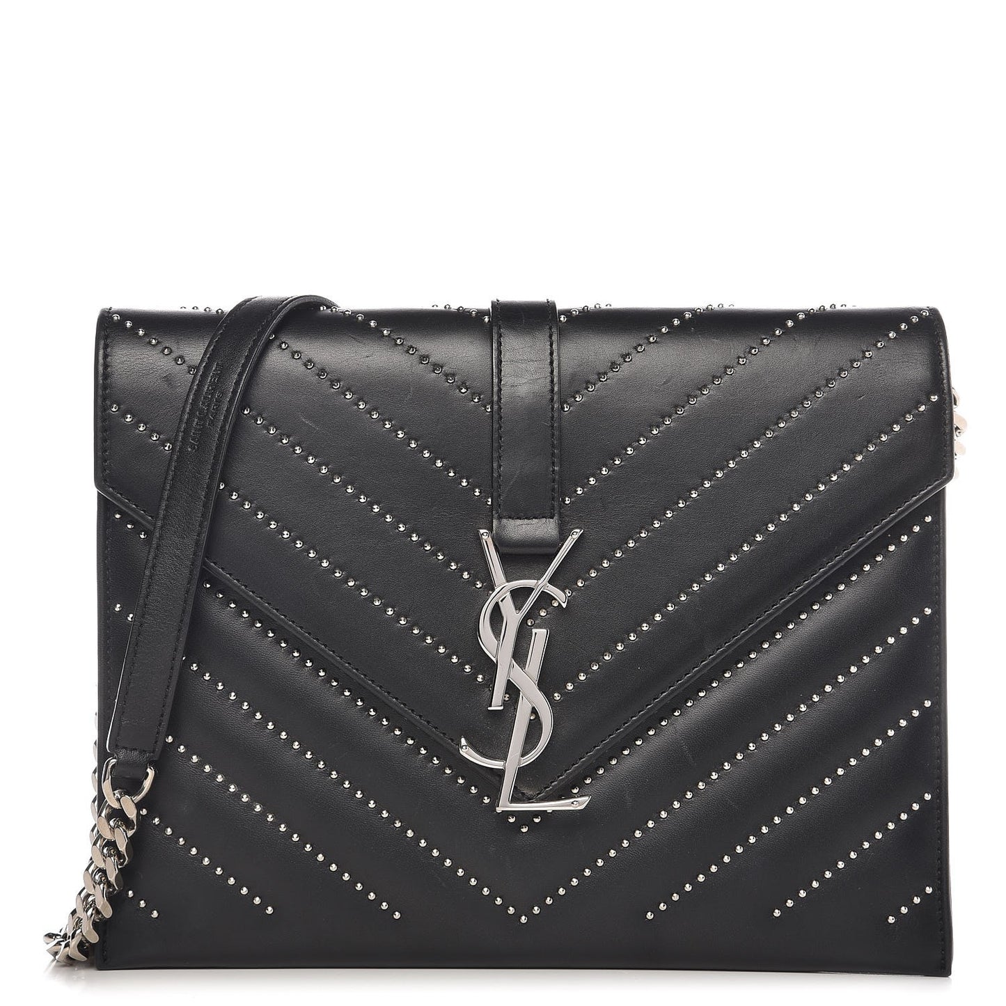 Lambskin Matelasse Chevron Studded Medium Monogram Satchel Black