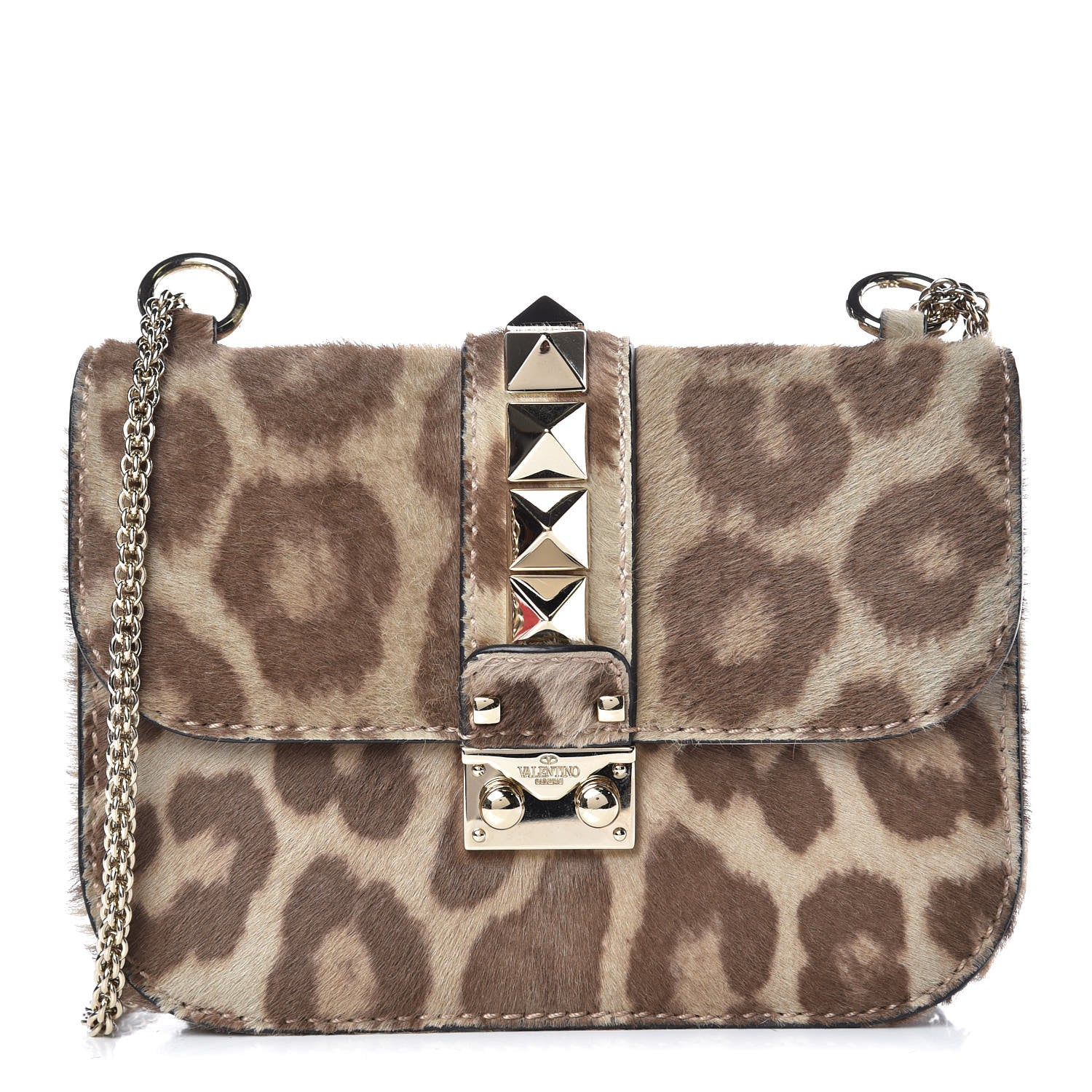 Valentino Garavani Calf Hair Leopard Print Small Glam Lock Rockstud Flap Blush 1 of 10