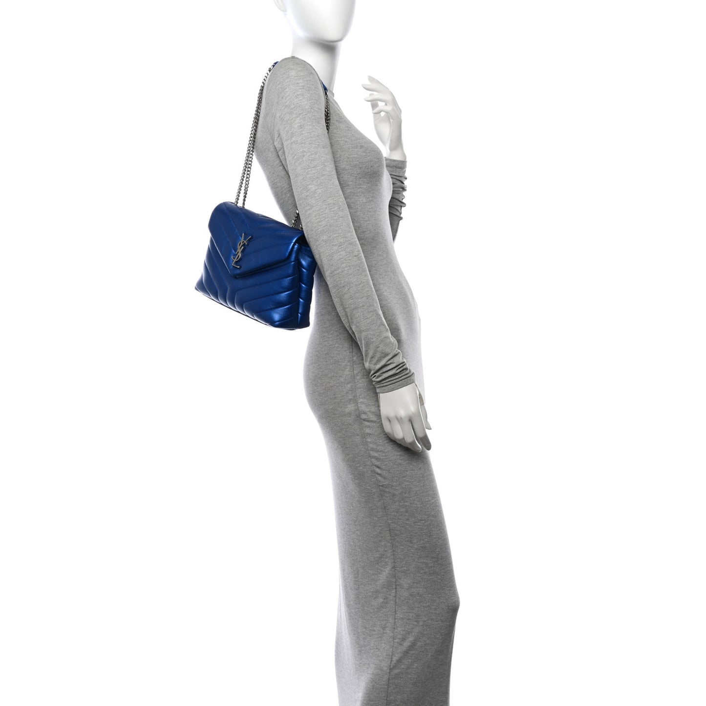Metallic Calfskin Y Quilted Monogram Small Loulou Chain Satchel Blue Royal