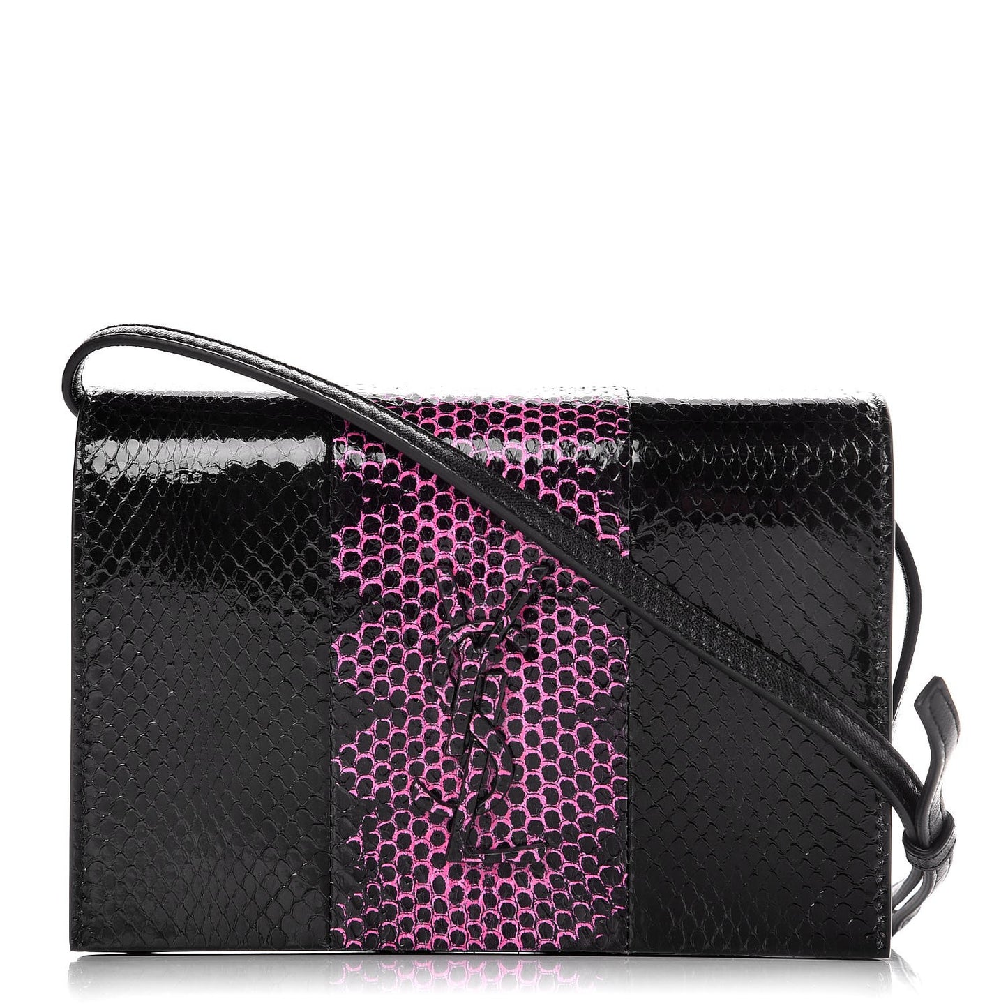 Snakeskin Two Tone Monogram Toy Kate Strap Wallet Black Fuchsia