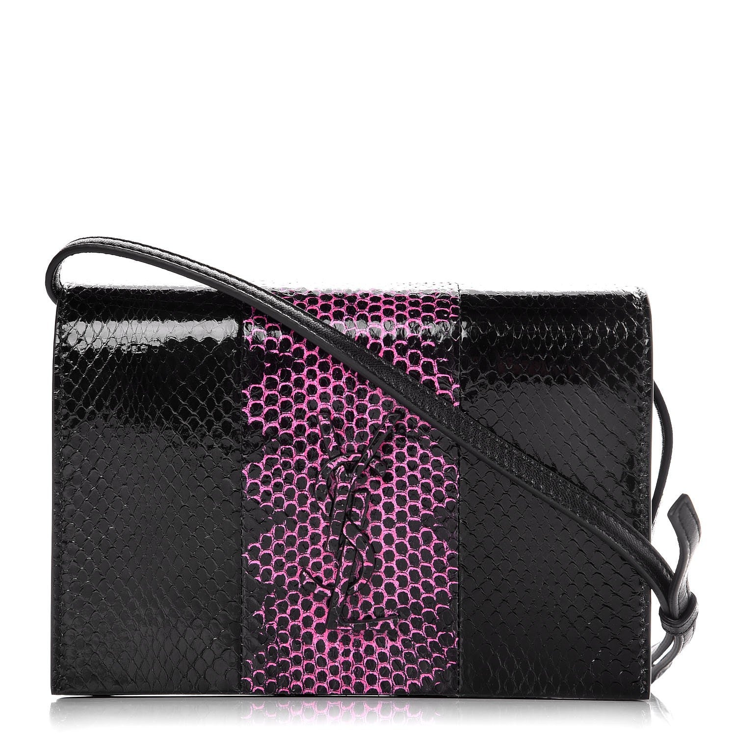 Saint Laurent Snakeskin Two Tone Monogram Toy Kate Strap Wallet Black Fuchsia 1 of 7