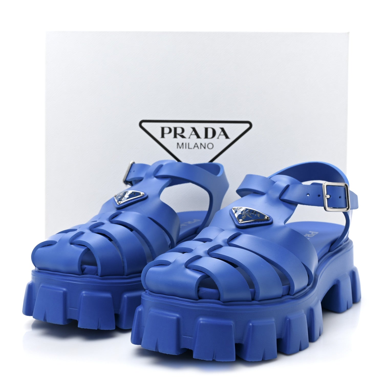 Prada Foam Rubber Metal Triangle Logo Mens Monolith 55mm Cage Sandals 9 Azzurro 9 of 9