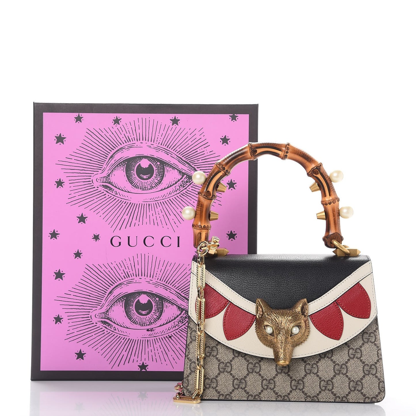 GG Supreme Monogram Goatskin Pearl Mini Fox Broche Bamboo Top Handle Bag Beige Ebony Black Hibiscus Red Mystic White