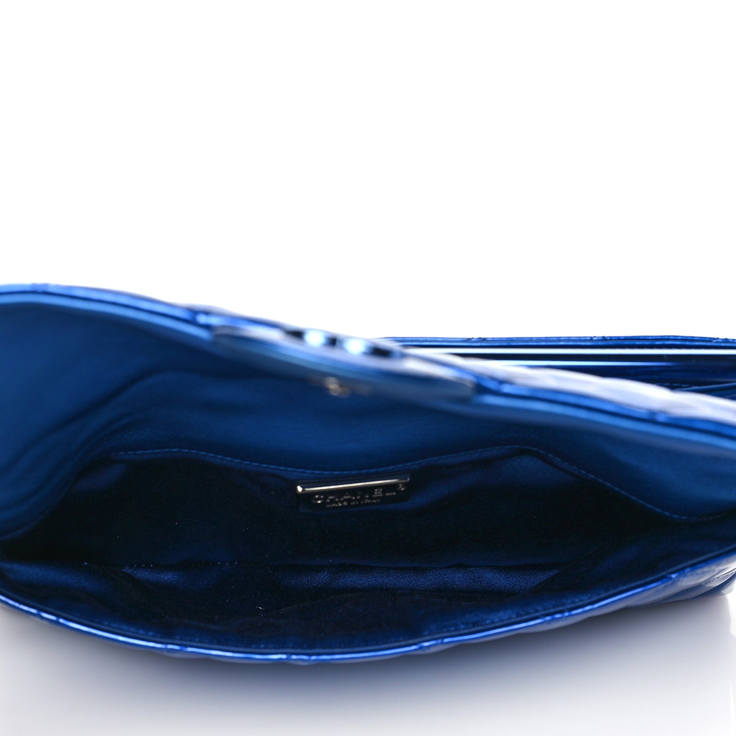 Metallic Patent Calfskin Quilted Metal Handle Clutch Blue