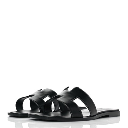 Hermes Box Calfskin Oran Sandals 37.5 Black 3 of 10